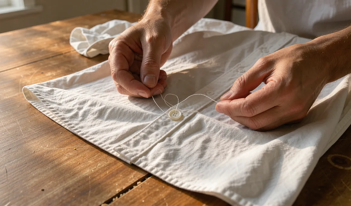 A man's hands pausing over a loose shirt button with the thread left open