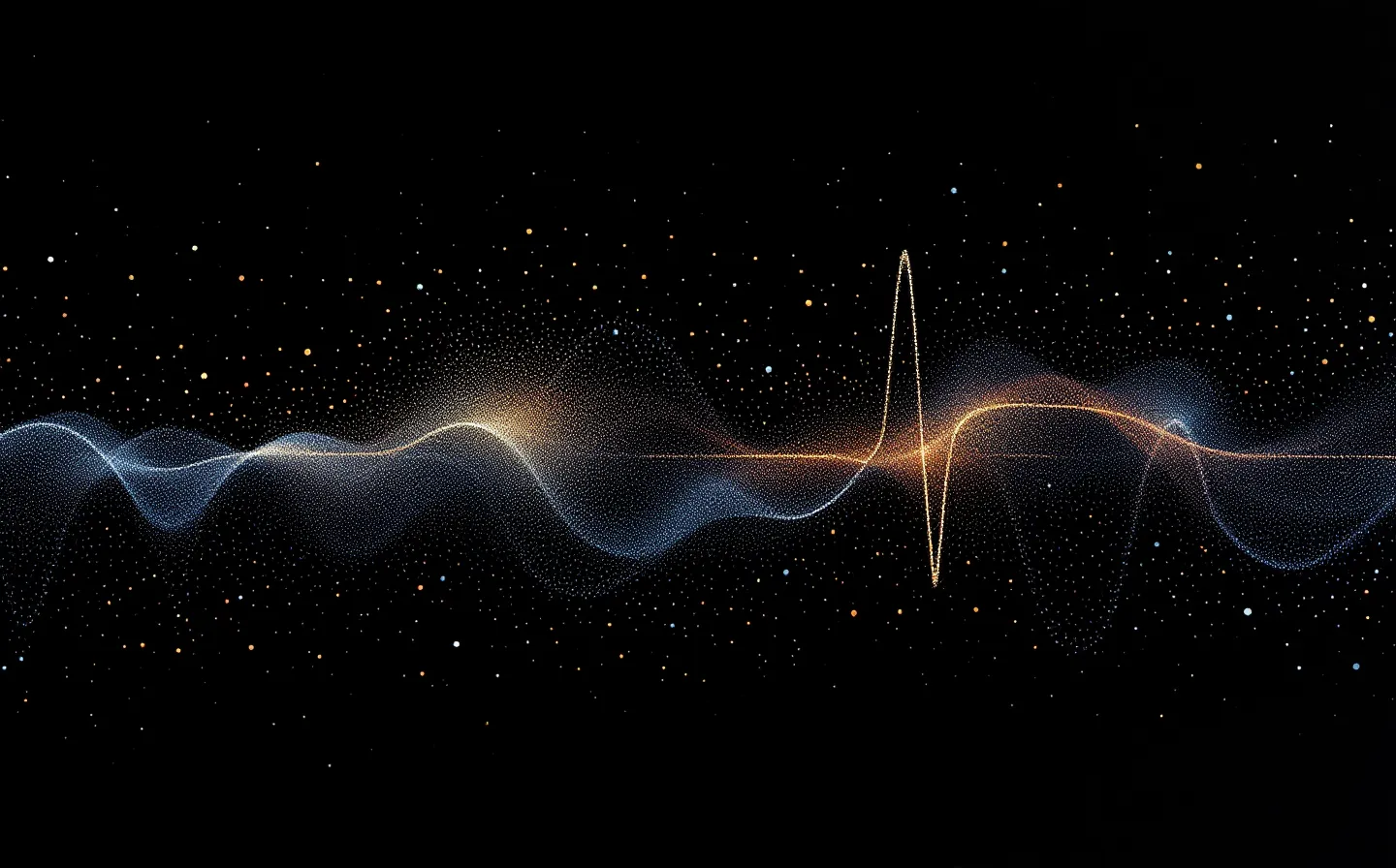 A stipple-engraving illustration of a pulsatile pulse-train — a baseline of sparse dots punctuated by several dense clusters of ink-blue dots forming discrete bursts — emerging from a dark plate