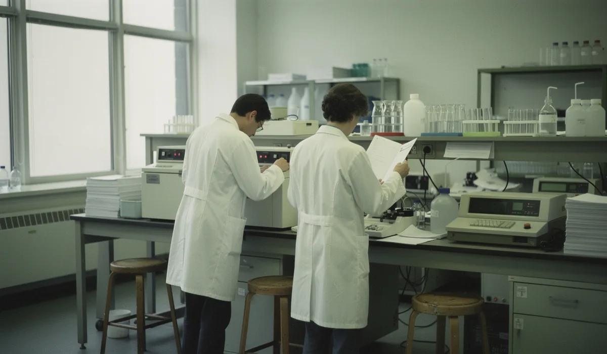 Two laboratory technicians examine an instrument beside stacks of paper records